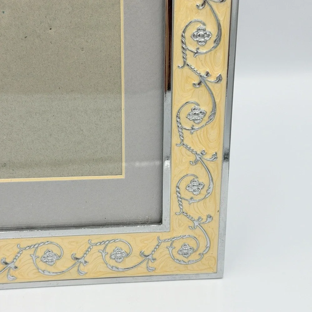 Silver Tone Yellow Enamel Floral Scroll Picture Frame 3x5 5x7 Ornate Cottage